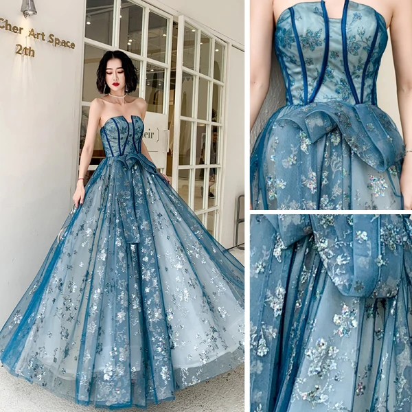 Elegant Ocean Blue Evening Dresses 2020 A-Line / Princess Strapless Sleeveless Appliques Sequins Floor-Length / Long Ruffle Backless Formal Dresses