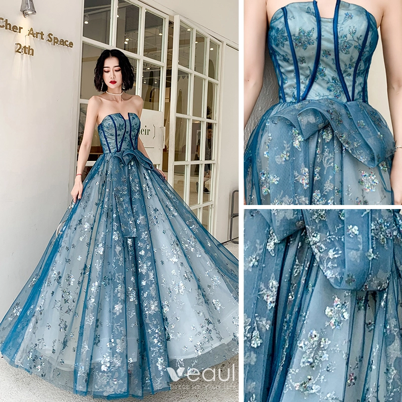 Elegant Ocean Blue Evening Dresses 2020 A-Line / Princess 
