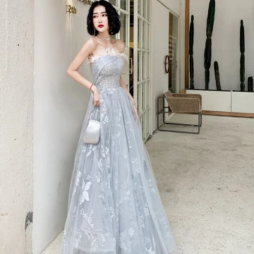 Chic Belle Gris Robe De Soirée 2020 Princesse Bustier Sans Manches Appliques Paillettes Plumes Glitter Fleur Longue Volants Dos Nu Robe De Ceremonie