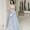 Chic / Beautiful Grey Evening Dresses  2020 A-Line / Princess Strapless Sleeveless Appliques Sequins Feather Glitter Flower Floor-Length / Long Ruffle Backless Formal Dresses