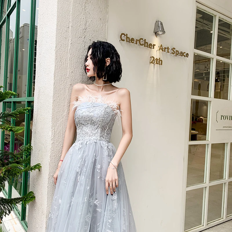 slim fit dress slacks V Neck Open Back Smoke Blue Tulle Long Prom Dress with Lace Flowers, S –  abcprom main image 1