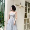 Chic / Beautiful Grey Evening Dresses  2020 A-Line / Princess Strapless Sleeveless Appliques Sequins Feather Glitter Flower Floor-Length / Long Ruffle Backless Formal Dresses