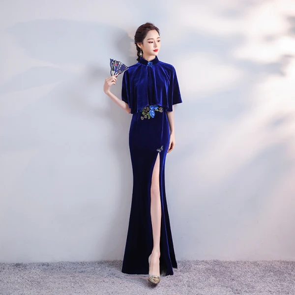 Chinese Style Royal Blue Prom Dresses 2019 Ball Gown High Neck Sleeveless  Appliques Embroidered Pearl Floor Length Long Ruffle Formal Dresses
