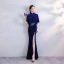 Chinese style Royal Blue Velour Winter Evening Dresses  With Shawl 2020 Trumpet / Mermaid High Neck Short Sleeve Appliques Embroidered Split Front Floor-Length / Long Ruffle Formal Dresses