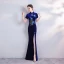 Chinese style Royal Blue Velour Winter Evening Dresses  With Shawl 2020 Trumpet / Mermaid High Neck Short Sleeve Appliques Embroidered Split Front Floor-Length / Long Ruffle Formal Dresses