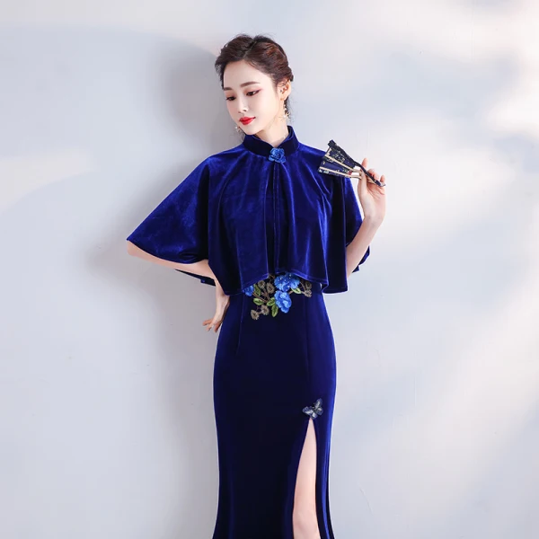 Chinese style Royal Blue Velour Winter Evening Dresses  With Shawl 2020 Trumpet / Mermaid High Neck Short Sleeve Appliques Embroidered Split Front Floor-Length / Long Ruffle Formal Dresses