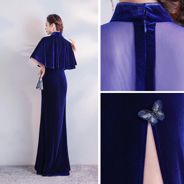 Chinese style Royal Blue Velour Winter Evening Dresses  With Shawl 2020 Trumpet / Mermaid High Neck Short Sleeve Appliques Embroidered Split Front Floor-Length / Long Ruffle Formal Dresses