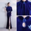 Chinese style Royal Blue Velour Winter Evening Dresses  With Shawl 2020 Trumpet / Mermaid High Neck Short Sleeve Appliques Embroidered Split Front Floor-Length / Long Ruffle Formal Dresses