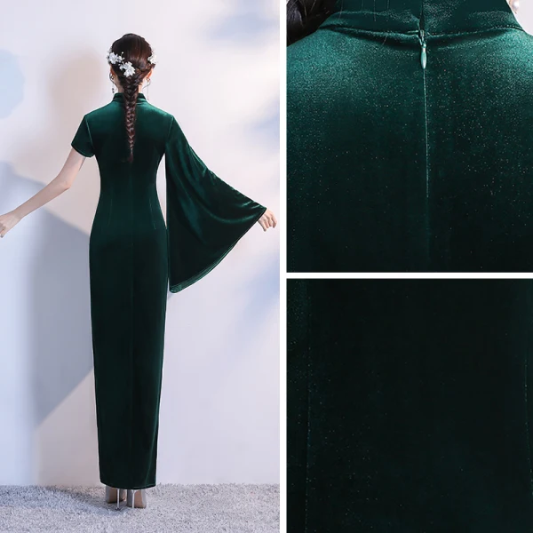 Chic / Belle Vert Foncé Velour Hiver Robe De Soirée 2020 Trompette / Sirène Col Haut Une épaule Manches Longues Fendue devant Longue Robe De Ceremonie