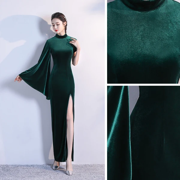 Chic / Belle Vert Foncé Velour Hiver Robe De Soirée 2020 Trompette / Sirène Col Haut Une épaule Manches Longues Fendue devant Longue Robe De Ceremonie