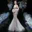 Luxe Gris Transparentes Robe De Soirée 2020 Trompette / Sirène Encolure Carrée Manches Longues Plumes Fait main Perlage Longue Volants Dos Nu Robe De Ceremonie