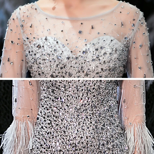 Luxe Gris Transparentes Robe De Soirée 2020 Trompette / Sirène Encolure Carrée Manches Longues Plumes Fait main Perlage Longue Volants Dos Nu Robe De Ceremonie