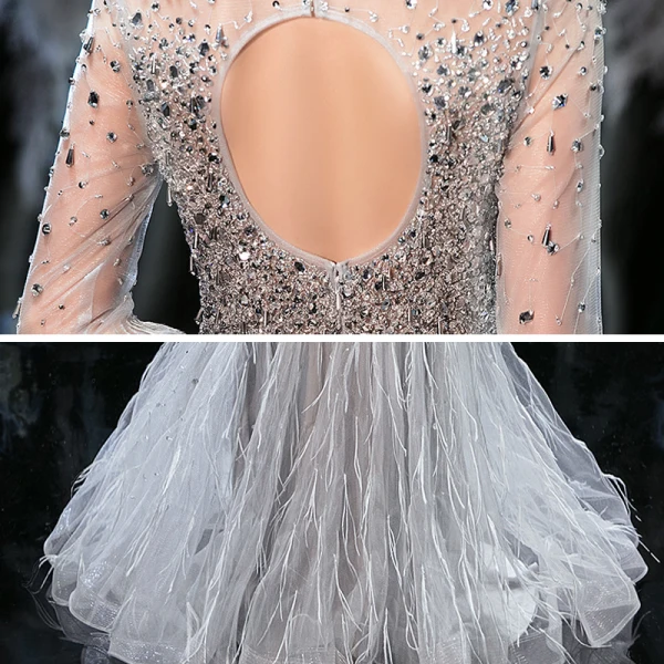 Luxe Gris Transparentes Robe De Soirée 2020 Trompette / Sirène Encolure Carrée Manches Longues Plumes Fait main Perlage Longue Volants Dos Nu Robe De Ceremonie