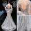 Luxe Gris Transparentes Robe De Soirée 2020 Trompette / Sirène Encolure Carrée Manches Longues Plumes Fait main Perlage Longue Volants Dos Nu Robe De Ceremonie