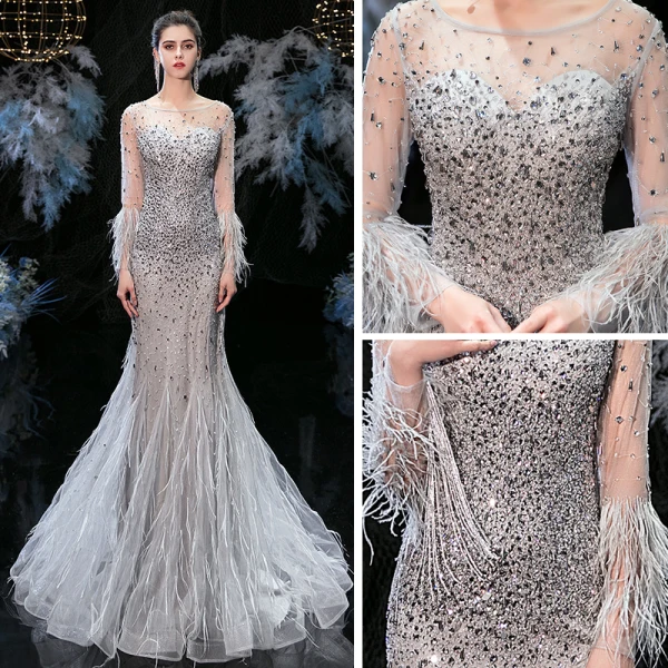 Luxe Gris Transparentes Robe De Soirée 2020 Trompette / Sirène Encolure Carrée Manches Longues Plumes Fait main Perlage Longue Volants Dos Nu Robe De Ceremonie