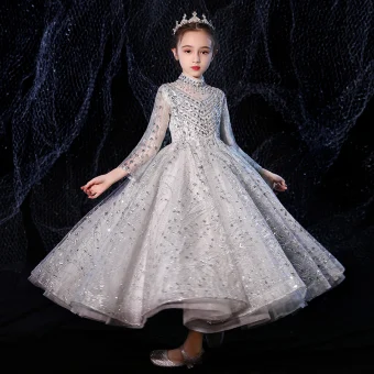 Vintage Originale Gris Transparentes Robe Ceremonie Fille 2020 Princesse Col Haut Manches Longues Perlage Faux Diamant Longue Volants