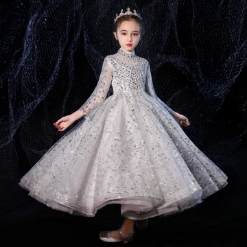 Vintage Retro Grey See Through Flower Girl Dresses 2020 A Line Princess High Neck Long Sleeve Beading Rhinestone Floor Length Long Ruffle