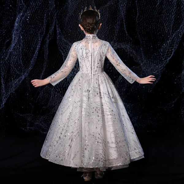 Vintage / Retro Grey See-through Flower Girl Dresses 2020 A-Line / Princess High Neck Long Sleeve Beading Rhinestone Floor-Length / Long Ruffle