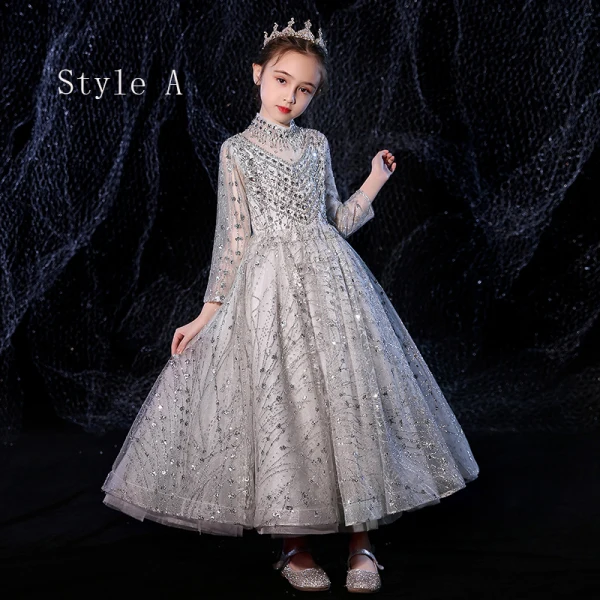 Vintage / Retro Grey See-through Flower Girl Dresses 2020 A-Line / Princess High Neck Long Sleeve Beading Rhinestone Floor-Length / Long Ruffle