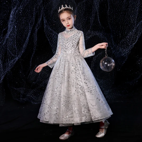 Vintage / Retro Grey See-through Flower Girl Dresses 2020 A-Line / Princess High Neck Long Sleeve Beading Rhinestone Floor-Length / Long Ruffle
