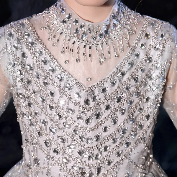 Vintage / Retro Grey See-through Flower Girl Dresses 2020 A-Line / Princess High Neck Long Sleeve Beading Rhinestone Floor-Length / Long Ruffle