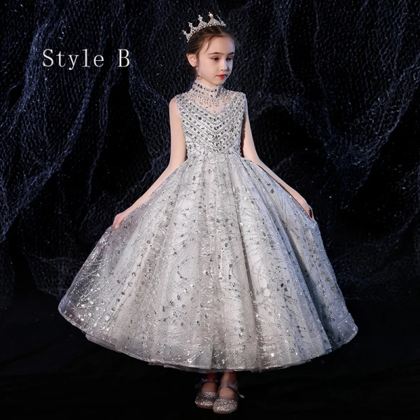 Vintage / Retro Grey See-through Flower Girl Dresses 2020 A-Line / Princess High Neck Long Sleeve Beading Rhinestone Floor-Length / Long Ruffle