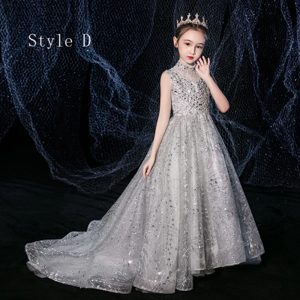 Vintage / Retro Grey See-through Flower Girl Dresses 2020 A-Line / Princess High Neck Long Sleeve Beading Rhinestone Floor-Length / Long Ruffle