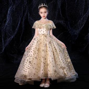 Vintage Retro Gold See Through Birthday Flower Girl Dresses 2020 Ball Gown High Neck Short Sleeve Beading Appliques Sequins Sweep Train Ruffle