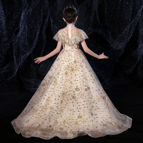 Vintage / Retro Gold See-through Birthday Flower Girl Dresses 2020 Ball Gown High Neck Short Sleeve Beading Appliques Sequins Sweep Train Ruffle