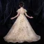 Vintage / Retro Gold See-through Birthday Flower Girl Dresses 2020 Ball Gown High Neck Short Sleeve Beading Appliques Sequins Sweep Train Ruffle