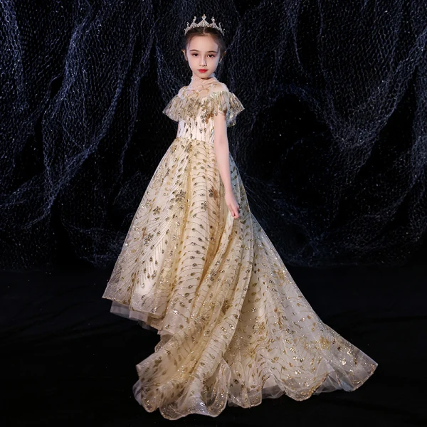 Vintage / Retro Gold See-through Birthday Flower Girl Dresses 2020 Ball Gown High Neck Short Sleeve Beading Appliques Sequins Sweep Train Ruffle