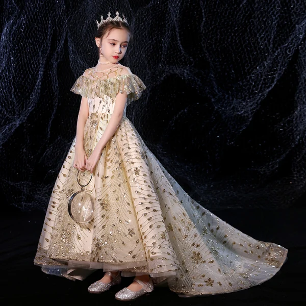Vintage / Retro Gold See-through Birthday Flower Girl Dresses 2020 Ball Gown High Neck Short Sleeve Beading Appliques Sequins Sweep Train Ruffle