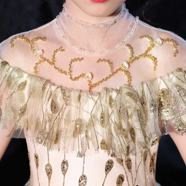 Vintage / Retro Gold See-through Birthday Flower Girl Dresses 2020 Ball Gown High Neck Short Sleeve Beading Appliques Sequins Sweep Train Ruffle