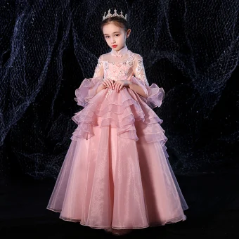 Vintage Originale Rose Bonbon Transparentes Robe Ceremonie Fille 2020 Princesse Col Haut 3 4 Manches Manches De Cloche Appliques En Dentelle Perlage Longue Volants En Cascade