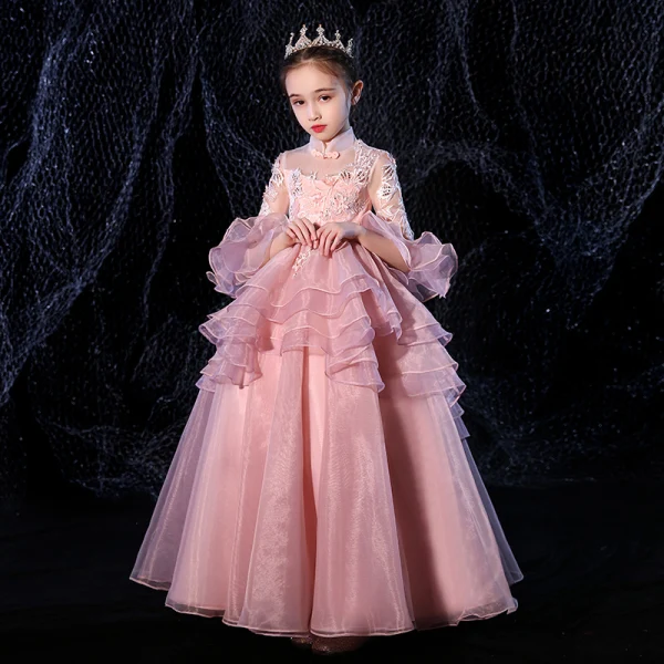 Vintage / Retro Candy Pink See-through Flower Girl Dresses 2020 Princess High Neck 3/4 Sleeve Bell sleeves Appliques Lace Beading Floor-Length / Long Cascading Ruffles
