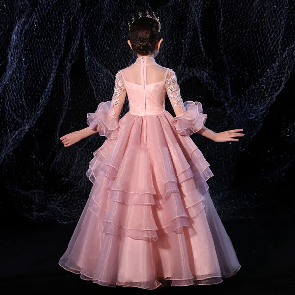 Vintage / Retro Candy Pink See-through Flower Girl Dresses 2020 Princess High Neck 3/4 Sleeve Bell sleeves Appliques Lace Beading Floor-Length / Long Cascading Ruffles