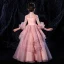 Vintage / Retro Candy Pink See-through Flower Girl Dresses 2020 Princess High Neck 3/4 Sleeve Bell sleeves Appliques Lace Beading Floor-Length / Long Cascading Ruffles
