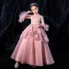 Vintage / Retro Candy Pink See-through Flower Girl Dresses 2020 Princess High Neck 3/4 Sleeve Bell sleeves Appliques Lace Beading Floor-Length / Long Cascading Ruffles