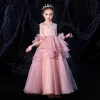 Vintage / Retro Candy Pink See-through Flower Girl Dresses 2020 Princess High Neck 3/4 Sleeve Bell sleeves Appliques Lace Beading Floor-Length / Long Cascading Ruffles