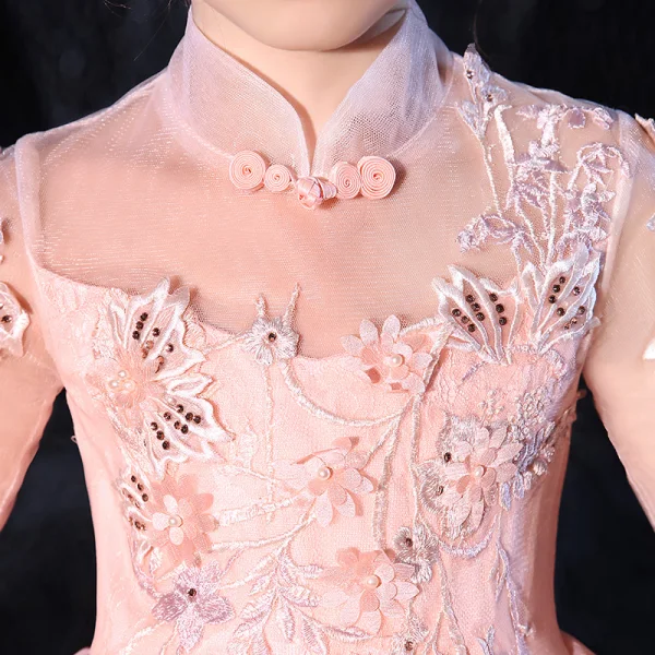 Vintage / Retro Candy Pink See-through Flower Girl Dresses 2020 Princess High Neck 3/4 Sleeve Bell sleeves Appliques Lace Beading Floor-Length / Long Cascading Ruffles