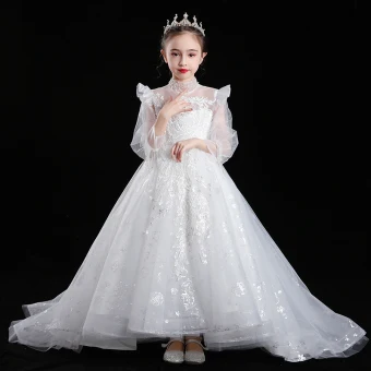 Style Victorien Blanche Transparentes Robe Ceremonie Fille 2020 Robe Boule Col Haut Gonflée Manches Longues Appliques En Dentelle Paillettes Perlage Train De Balayage Volants