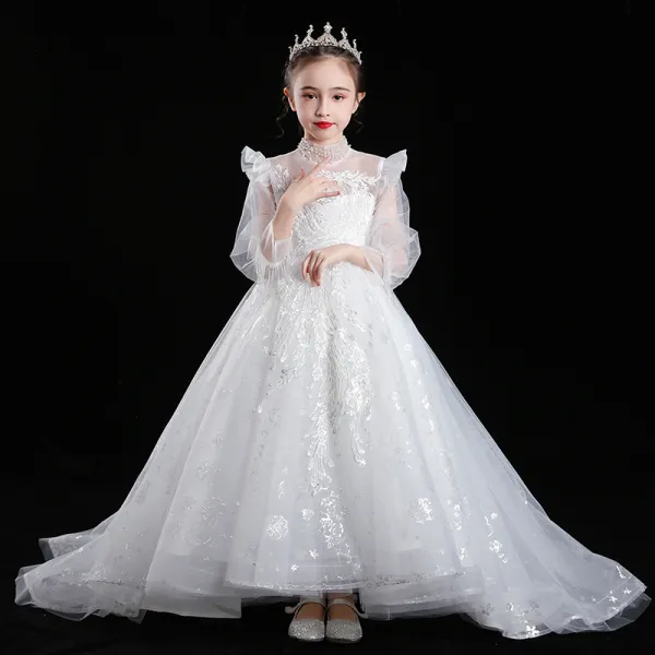 Victorian Style White See-through Flower Girl Dresses 2020 Ball Gown High Neck Puffy Long Sleeve Appliques Lace Sequins Beading Sweep Train Ruffle