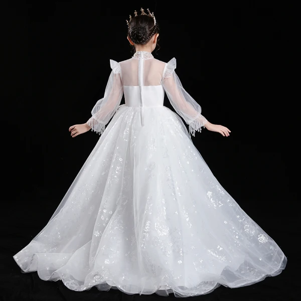 Style Victorien Blanche Transparentes Robe Ceremonie Fille 2020 Robe Boule Col Haut Gonflée Manches Longues Appliques En Dentelle Paillettes Perlage Train De Balayage Volants