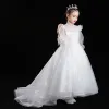 Victorian Style White See-through Flower Girl Dresses 2020 Ball Gown High Neck Puffy Long Sleeve Appliques Lace Sequins Beading Sweep Train Ruffle