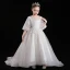 Victorian Style Champagne See-through Flower Girl Dresses 2020 Ball Gown Scoop Neck Puffy 3/4 Sleeve Appliques Lace Sequins Sweep Train