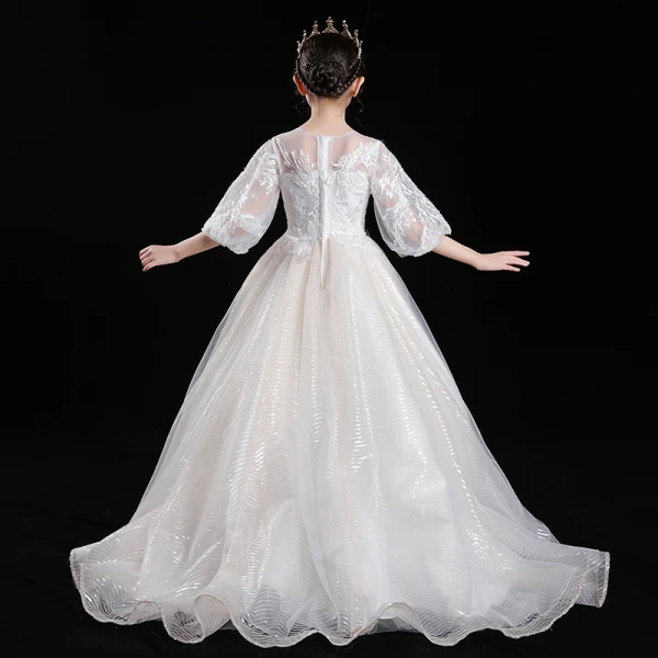 Victorian Style Champagne See-through Flower Girl Dresses 2020 Ball Gown Scoop Neck Puffy 3/4 Sleeve Appliques Lace Sequins Sweep Train