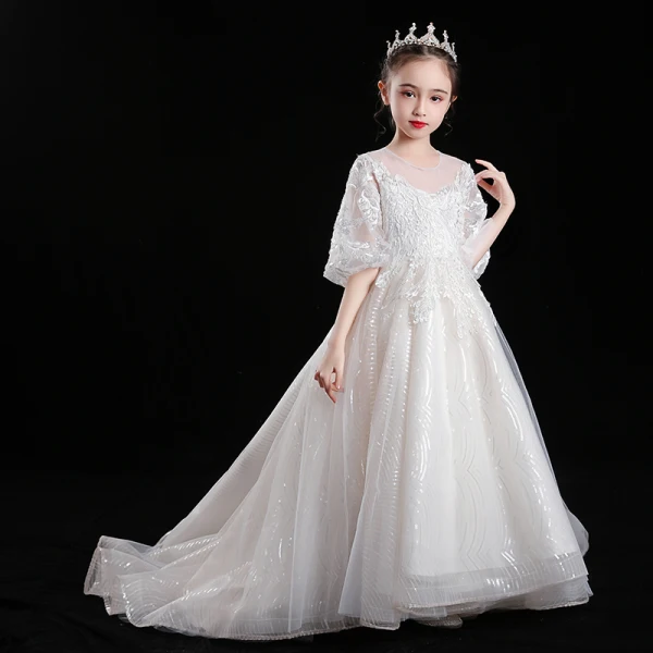 Victorian Style Champagne See-through Flower Girl Dresses 2020 Ball Gown Scoop Neck Puffy 3/4 Sleeve Appliques Lace Sequins Sweep Train