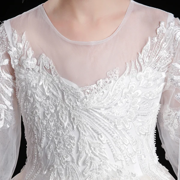 Victorian Style Champagne See-through Flower Girl Dresses 2020 Ball Gown Scoop Neck Puffy 3/4 Sleeve Appliques Lace Sequins Sweep Train