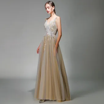 Classy Grey Gold Evening Dresses 2020 A Line Princess Spaghetti Straps Deep V Neck Sleeveless Appliques Lace Beading Floor Length Long Ruffle Backless Formal Dresses