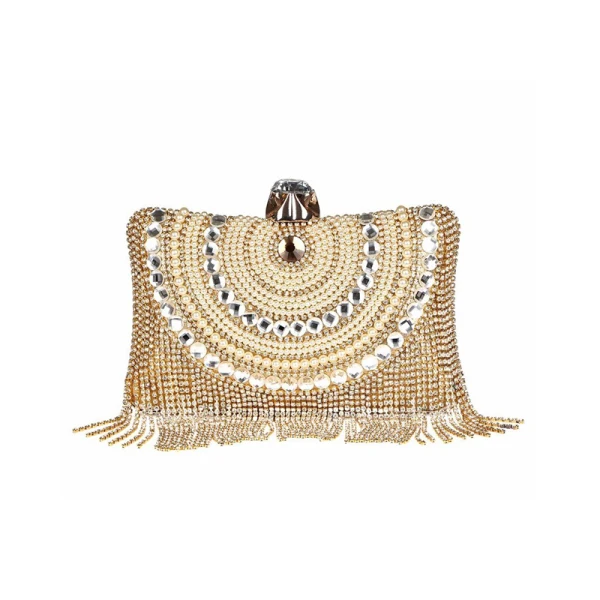 Fashion Gold Square Clutch Bags 2020 Metal Beading Pearl Rhinestone Tassel